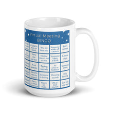 Load image into Gallery viewer, Virtual Meeting Bingo Mug - Light Blue Gameboard Version
